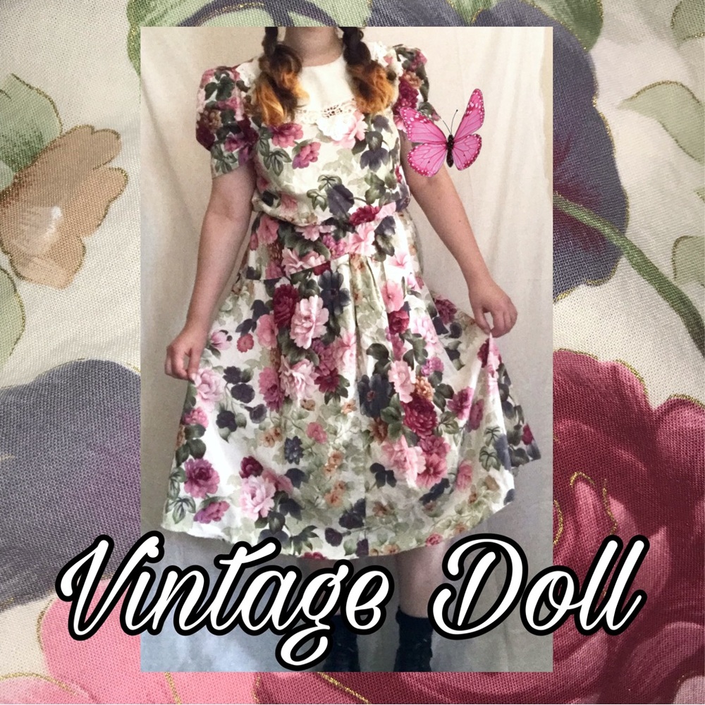 Vintage Floral Big Statement Collar Lace Trim Midi Dress - Dollcore